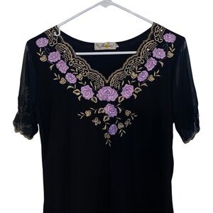 Vintage French embroidered floral sheer Black Top Purple Gold flower butterflies